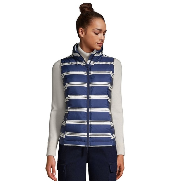 Lands' End Jackets & Blazers - Lands End Down Puffer Vest Womens 2X Blue Deep Sea Navy Founders Stripe NEW